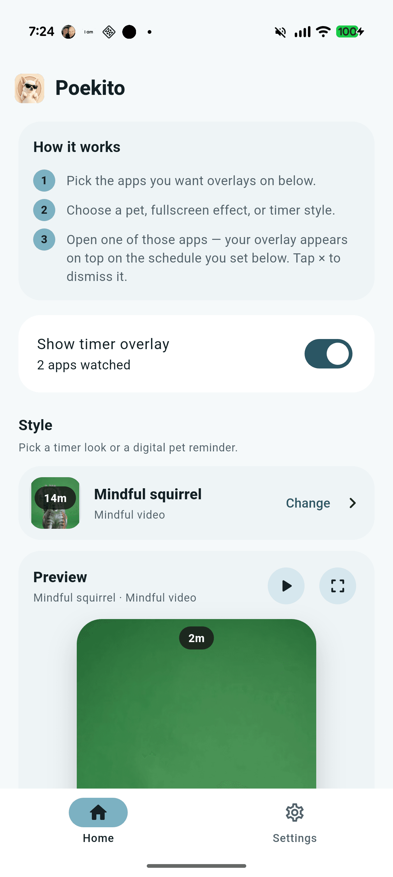 Poekito home screen showing watched apps, selected style, and overlay preview
