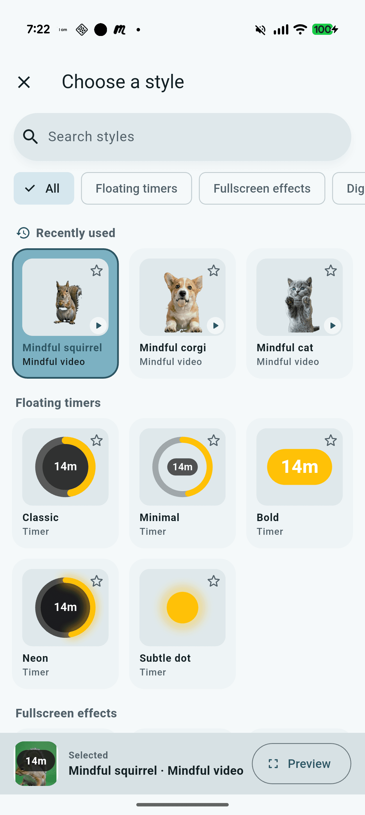 Poekito style picker showing mindful videos and floating timer styles