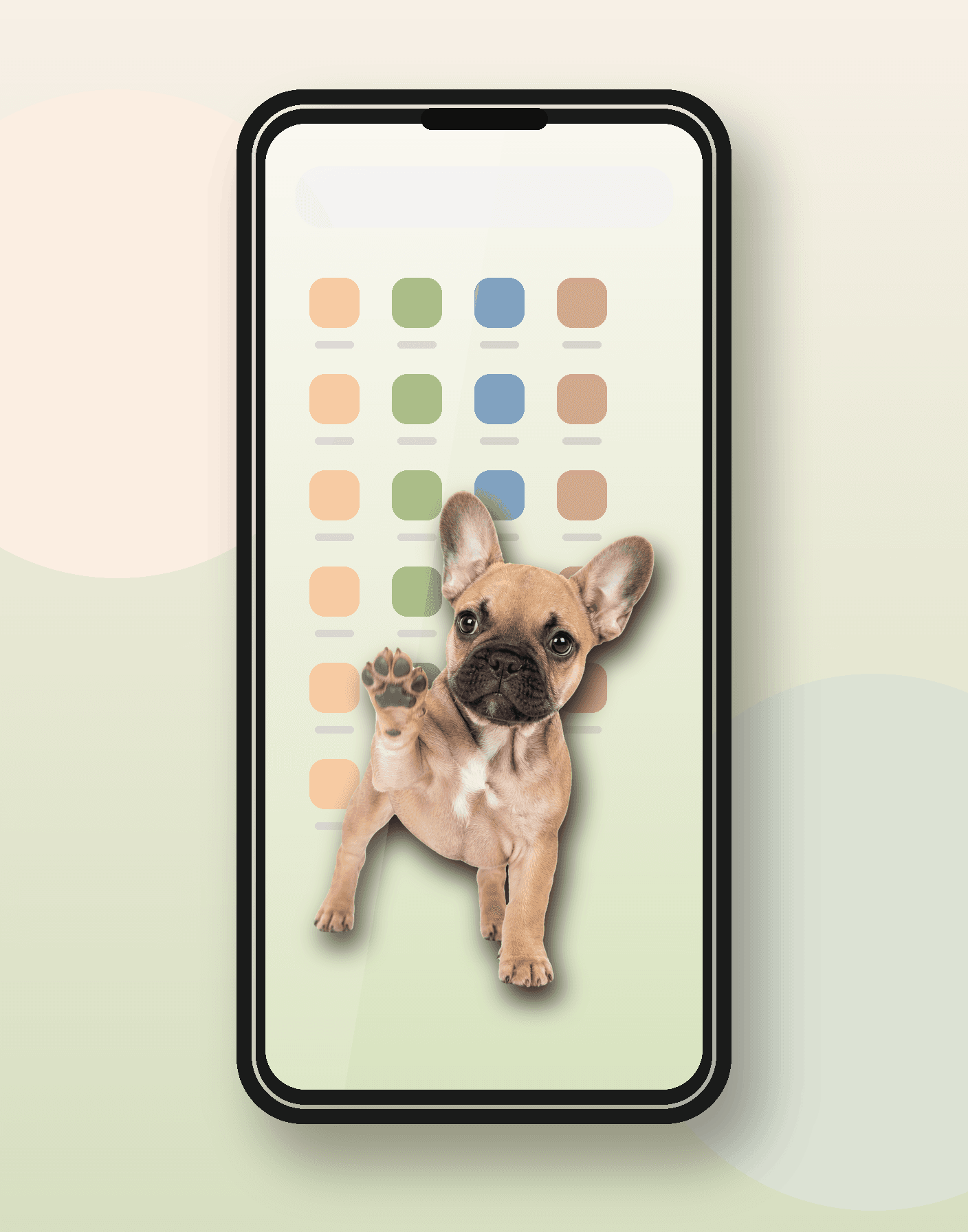 Phone launcher home screen with a French Bulldog overlay
